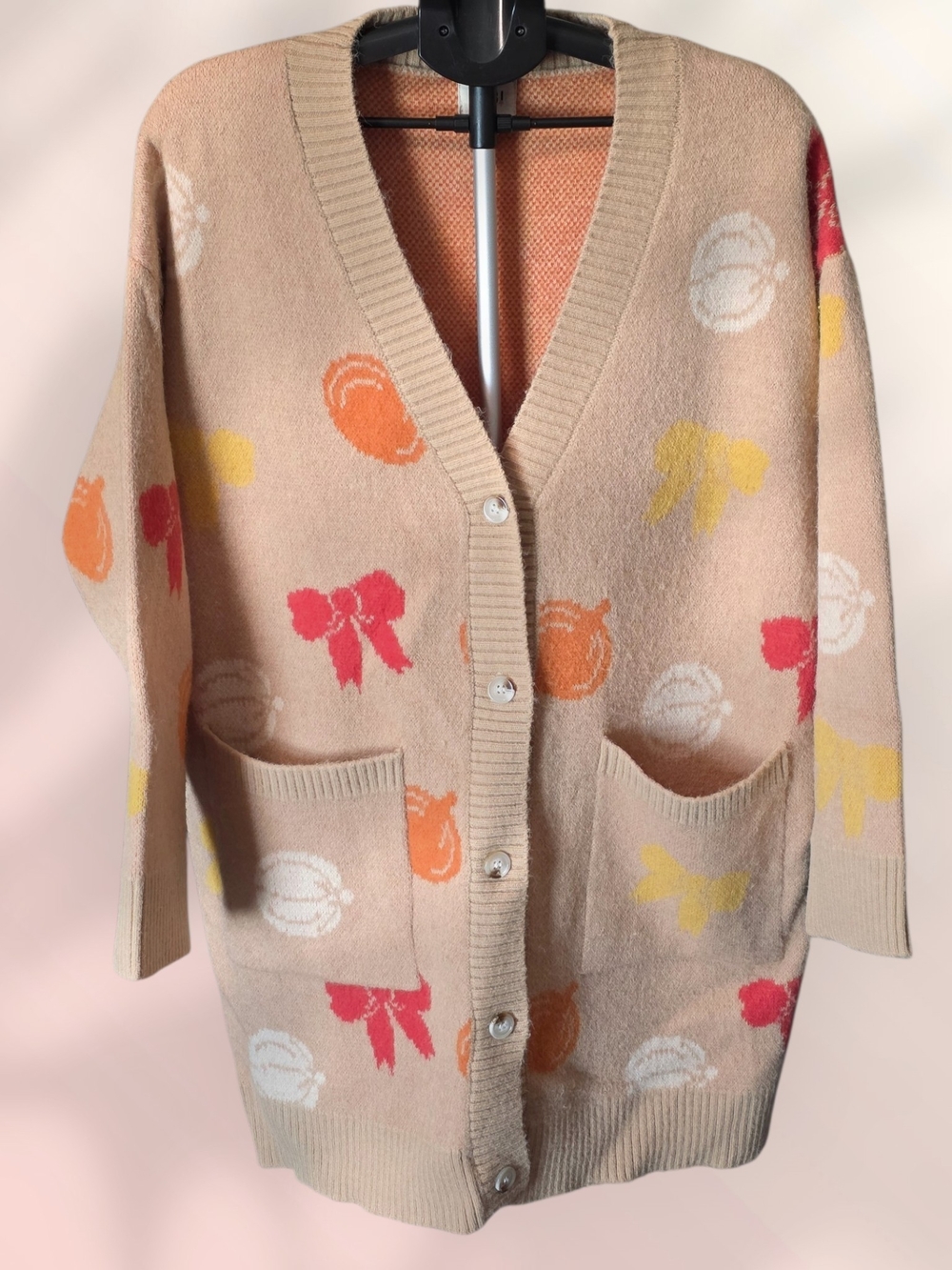 BiBi Beige V-Neck Cardigan with Red, Orange, Yellow & White Motifs